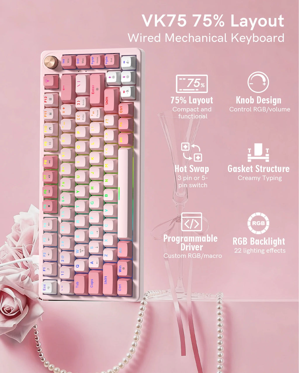 Womier VK75 Wired Mechanical Keyboard 75% Custom Hotswap with Knob RGB Backlit Gasket Mount Gaming Keyboard Double Linear Switch