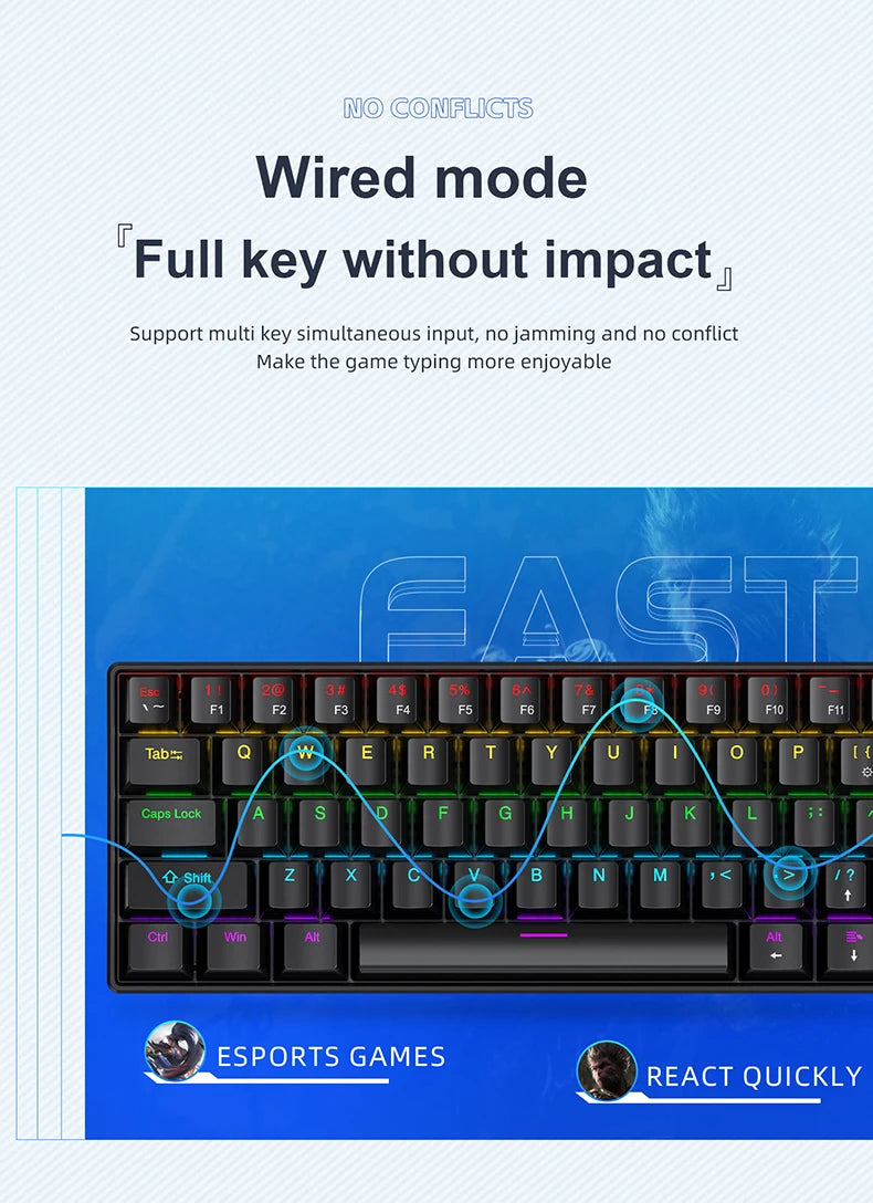 K61 60% Mechanical Keyboard Wired RGB, 61 Keys Mini Gaming Keyboard, Phantom RGB, Red/Blue Switch, Ergonomic, Portable for Gamer
