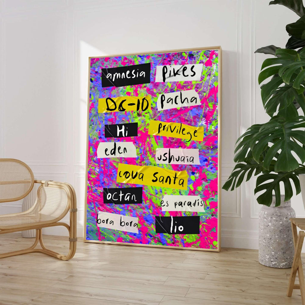 Ibiza Clubs Collage Poster: Neon Splatter Dance Music Wall Art-1
